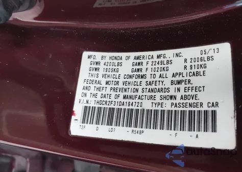 2013 Honda Accord Lx из США, поврежденный, VIN 1HGCR2F31DA194720